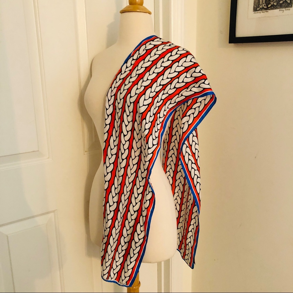 EUC ECHO Silk Scarf Oblong Orange Blue Ivory Black Nautical Braid Weave Mod Bold